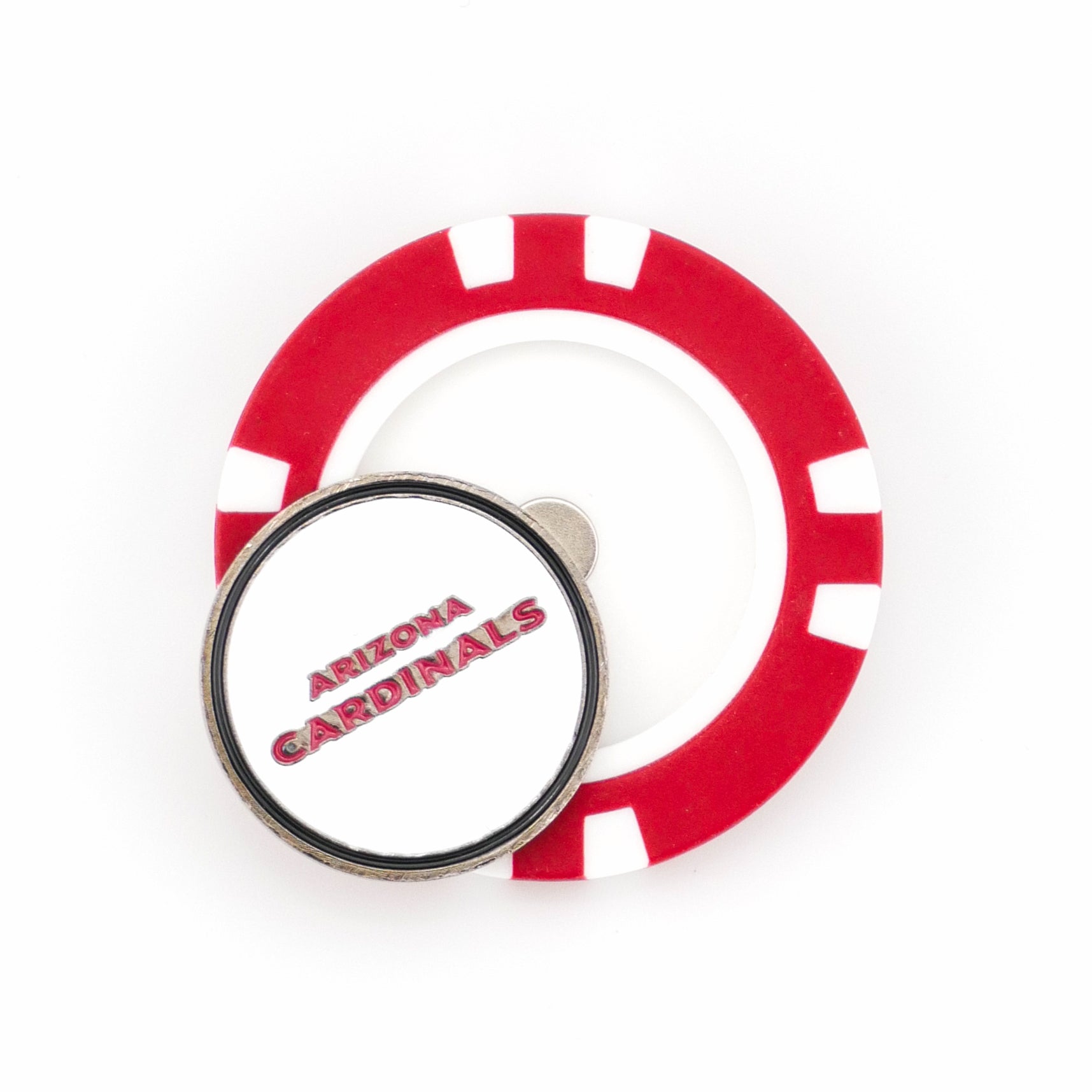 A red and white poker chip-style marker by Ballmarkers.com, featuring a circular metallic top with "Arizona Cardinals" in bold red text.