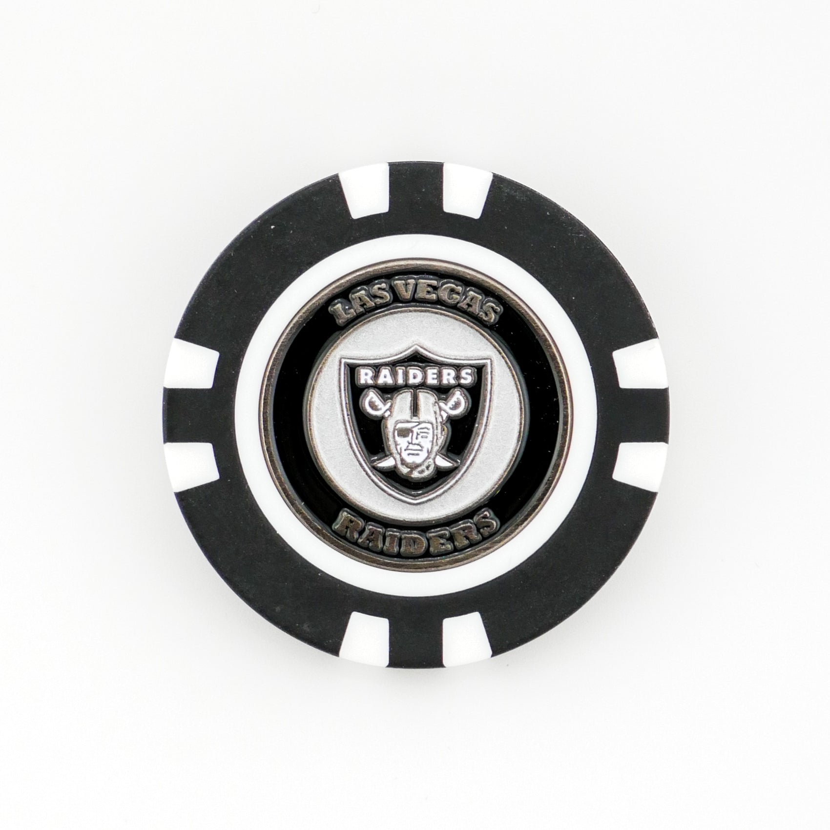 Show your NFL pride on the course with this black and white Las Vegas Raiders ball marker by Logie Joe’s, featuring the team’s shield emblem and logo—a perfect accessory for any fan.
