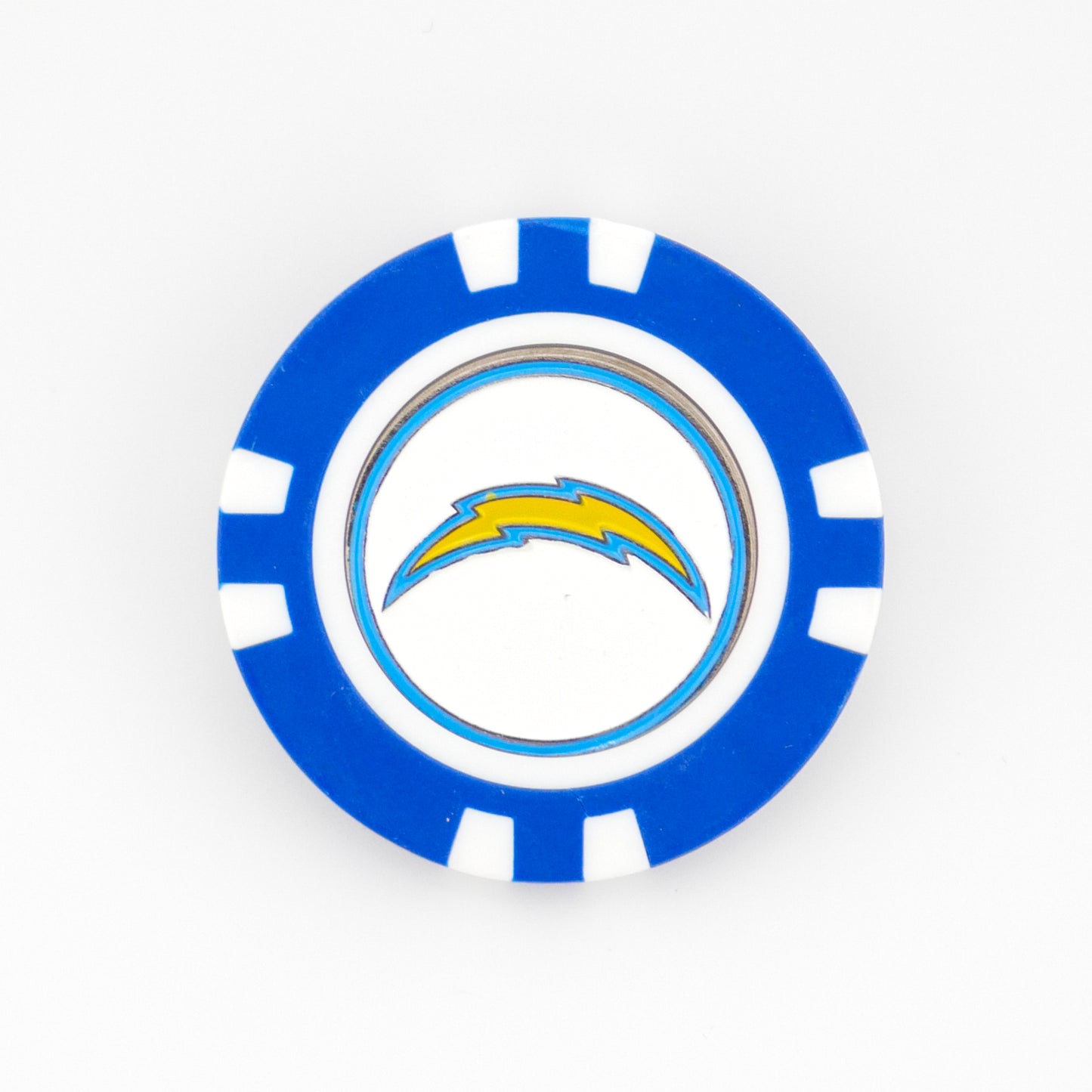 Show your Los Angeles Chargers pride on the golf course with this blue and white poker chip ball marker from Ballmarkers.com, featuring the iconic yellow lightning bolt logo—ideal for any NFL fan.