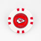 Show your team pride on the green with this white poker chip-style marker by Ballmarkers.com, featuring red accents and the Kansas City Chiefs logo—ideal for any golf game.