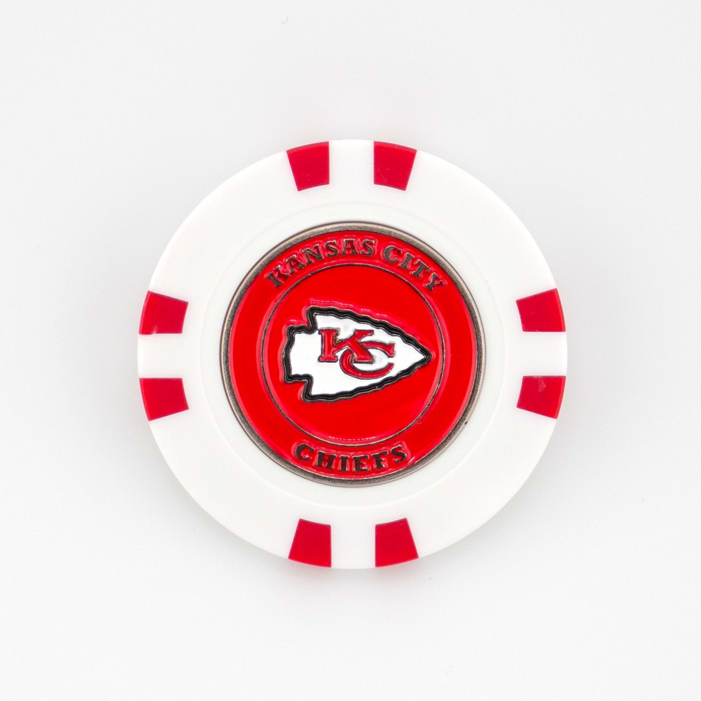 Show your team pride on the green with this white poker chip-style marker by Ballmarkers.com, featuring red accents and the Kansas City Chiefs logo—ideal for any golf game.
