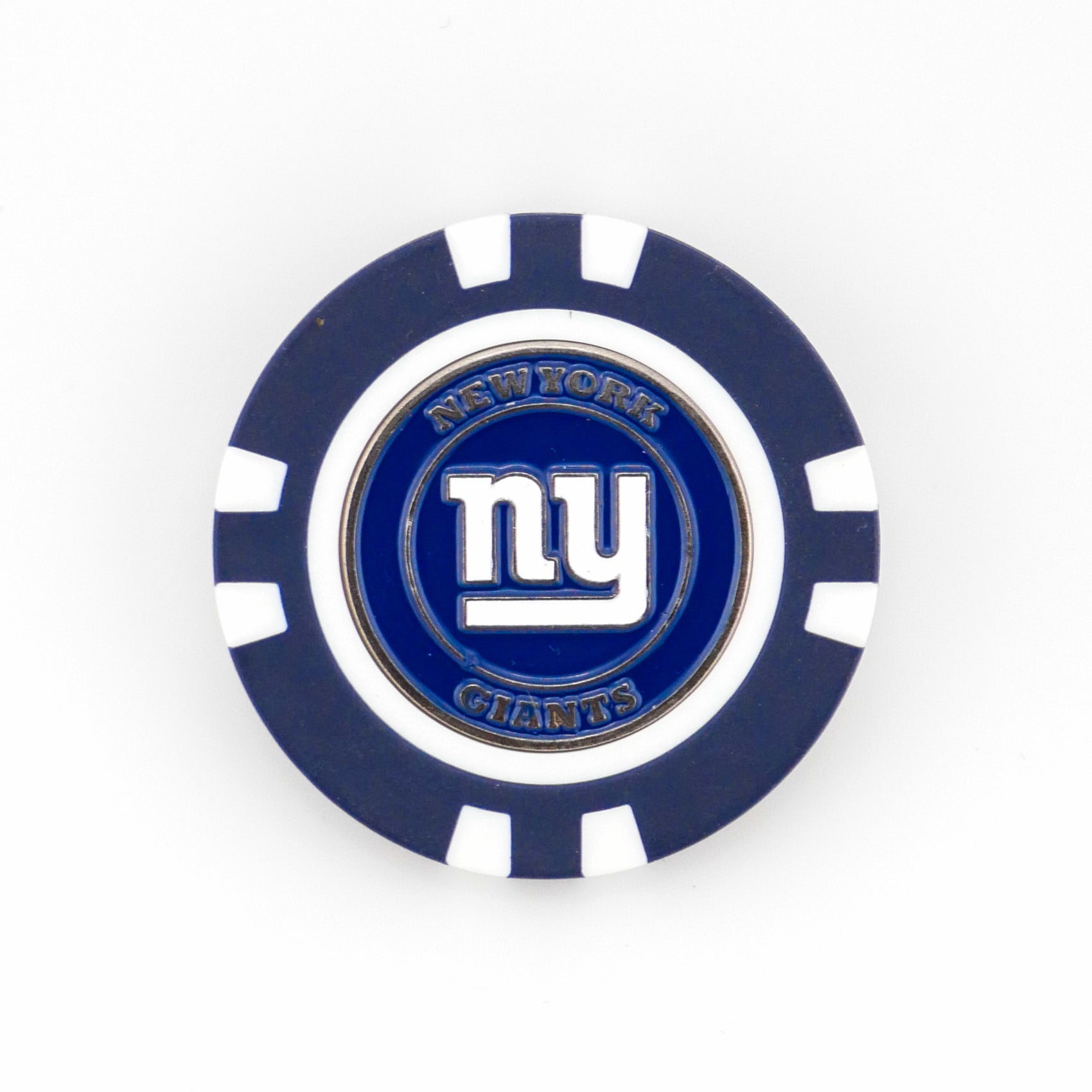 Show your team pride with this blue and white Ballmarkers.com ball marker featuring the New York Giants logo and NEW YORK GIANTS in gold—perfect for any NFL golf enthusiast.