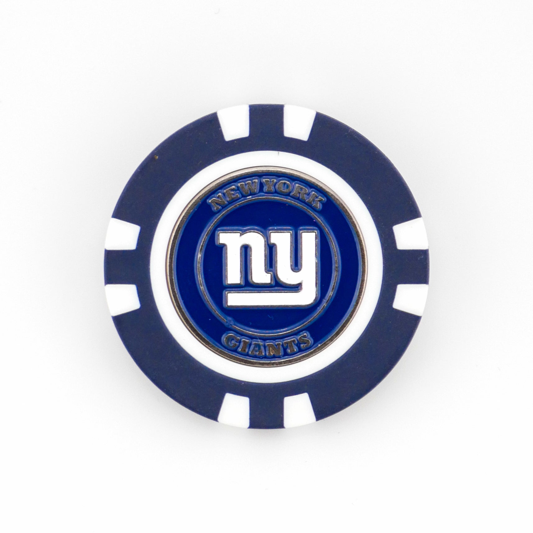 Show your team pride with this blue and white Ballmarkers.com ball marker featuring the New York Giants logo and NEW YORK GIANTS in gold—perfect for any NFL golf enthusiast.