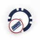 A blue and white poker chip ball marker by Ballmarkers.com featuring a round pin with a white background, red border, and "GIANTS" in blue—ideal for New York Giants fans, NFL collectors, and golf accessory lovers.