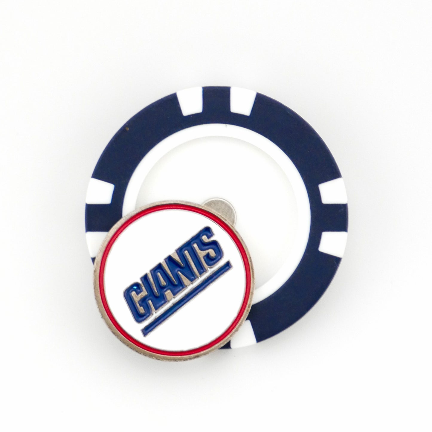 A blue and white poker chip ball marker by Ballmarkers.com featuring a round pin with a white background, red border, and "GIANTS" in blue—ideal for New York Giants fans, NFL collectors, and golf accessory lovers.