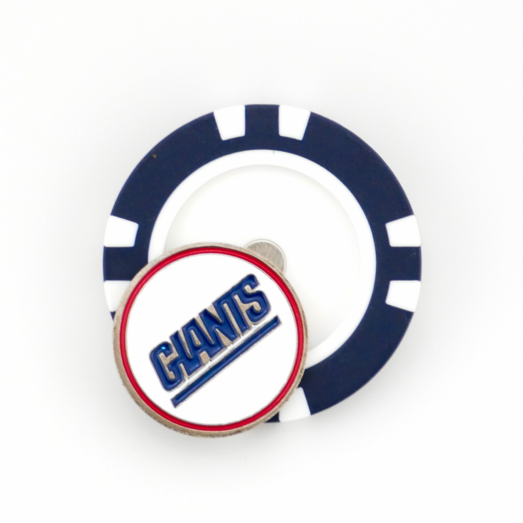 A blue and white poker chip ball marker by Ballmarkers.com featuring a round pin with a white background, red border, and "GIANTS" in blue—ideal for New York Giants fans, NFL collectors, and golf accessory lovers.