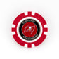 Show your team pride on the green with the Tampa Bay Buccaneers poker chip-style marker by Ballmarkers.com, featuring the Bucs logo and name in silver and black on a black center. The perfect NFL ball marker for any fan’s golf game!.