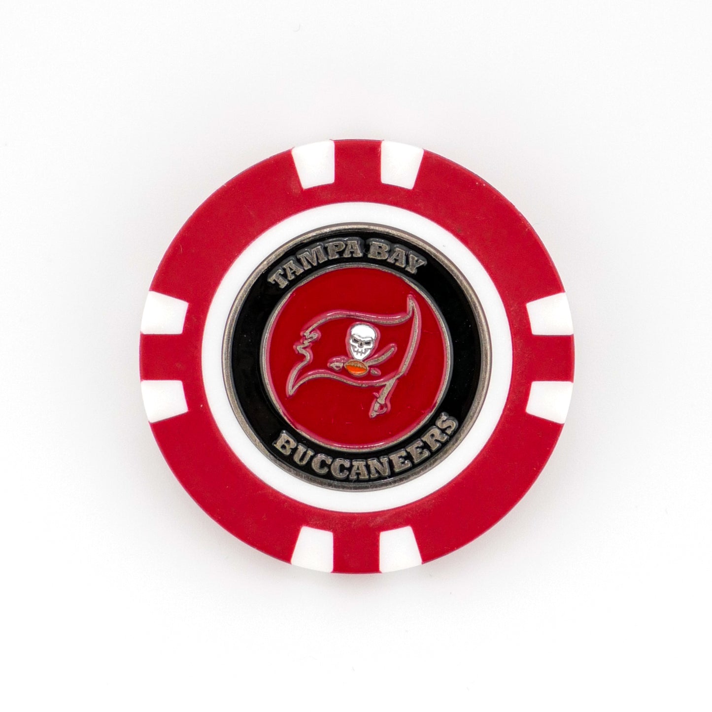 Show your team pride on the green with the Tampa Bay Buccaneers poker chip-style marker by Ballmarkers.com, featuring the Bucs logo and name in silver and black on a black center. The perfect NFL ball marker for any fan’s golf game!.