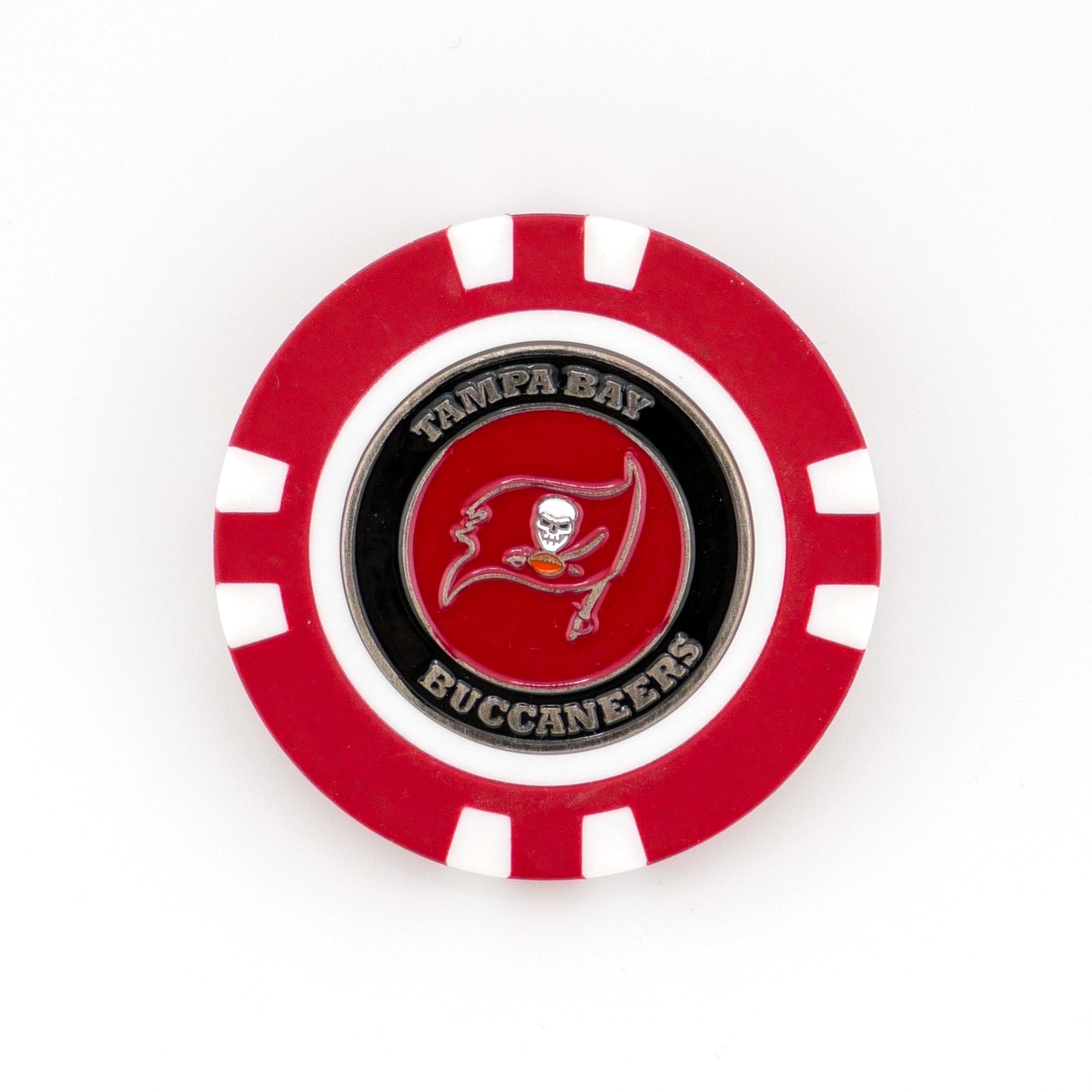 Show your team pride on the green with the Tampa Bay Buccaneers poker chip-style marker by Ballmarkers.com, featuring the Bucs logo and name in silver and black on a black center. The perfect NFL ball marker for any fan’s golf game!.