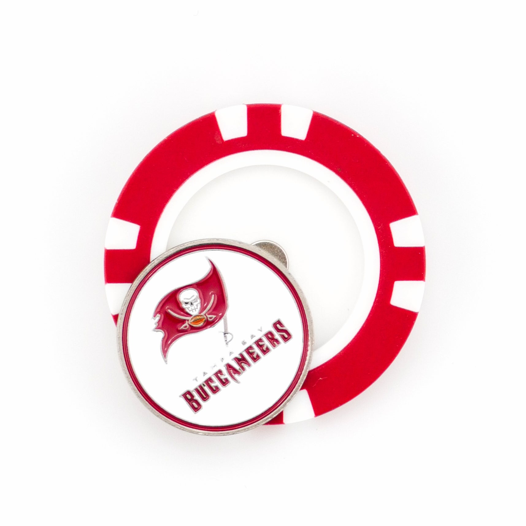 A red and white poker chip-style marker by Ballmarkers.com featuring the Tampa Bay Buccaneers logo and text on a circular pin—perfect as an NFL golf ball marker.