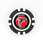 The Atlanta Falcons poker chip ball marker by Ballmarkers.com features a black-and-white design with the team’s stylized falcon head logo and ATLANTA FALCONS text on a red center—ideal for NFL golf fans.