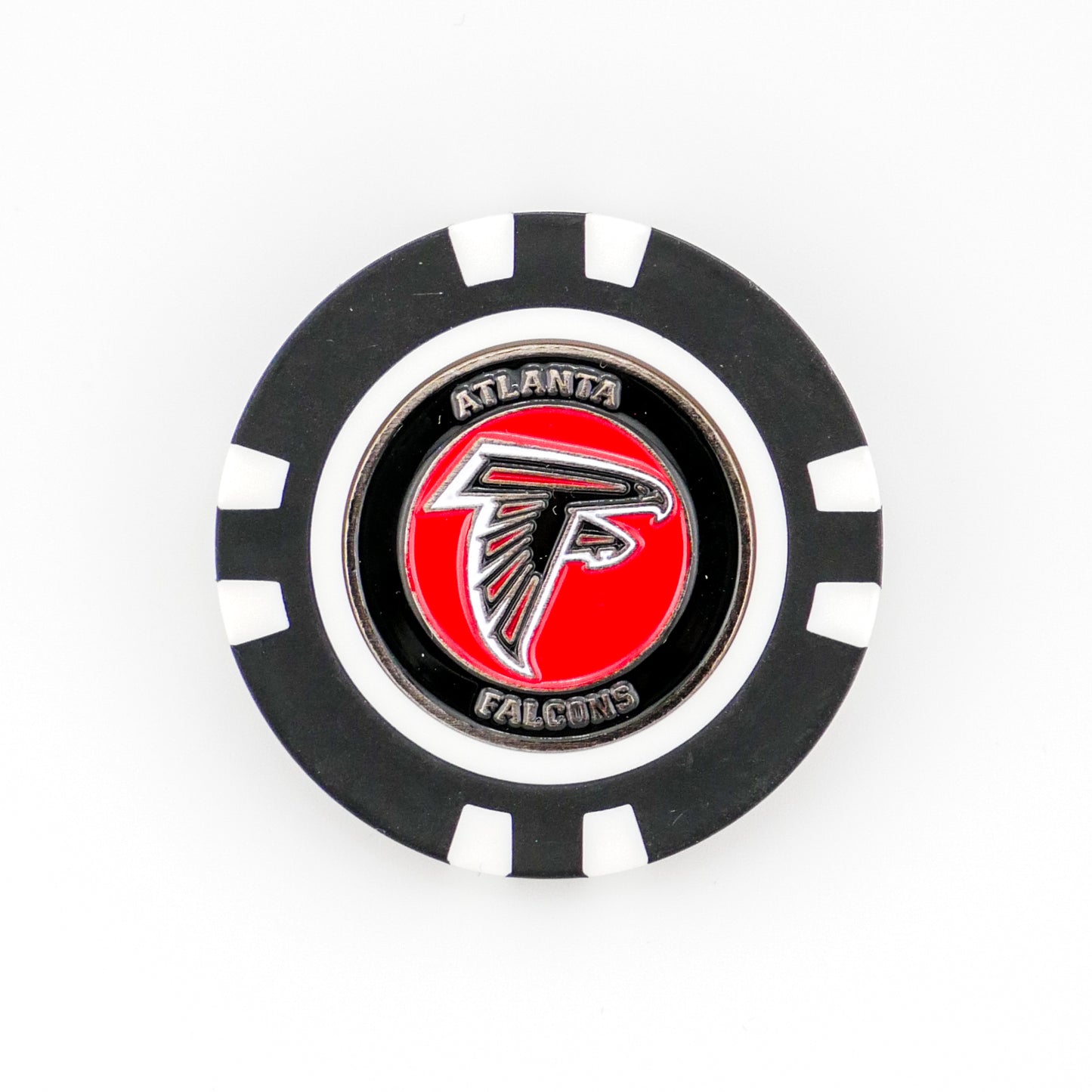 The Atlanta Falcons poker chip ball marker by Ballmarkers.com features a black-and-white design with the team’s stylized falcon head logo and ATLANTA FALCONS text on a red center—ideal for NFL golf fans.