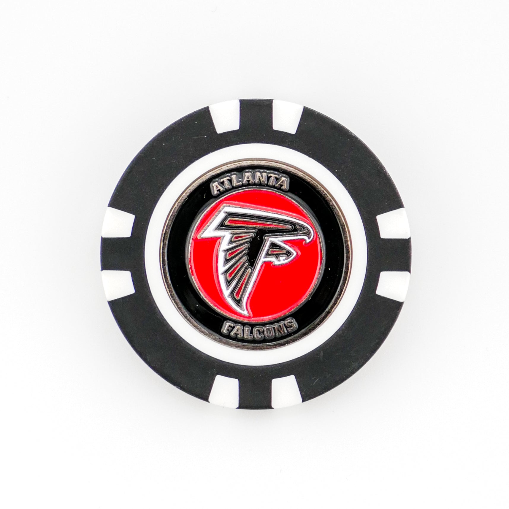 The Atlanta Falcons poker chip ball marker by Ballmarkers.com features a black-and-white design with the team’s stylized falcon head logo and ATLANTA FALCONS text on a red center—ideal for NFL golf fans.