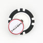 A black and white Ballmarkers.com poker chip ball marker featuring a white Atlanta Falcons NFL marker on top, with the team name in bold red-outlined letters.