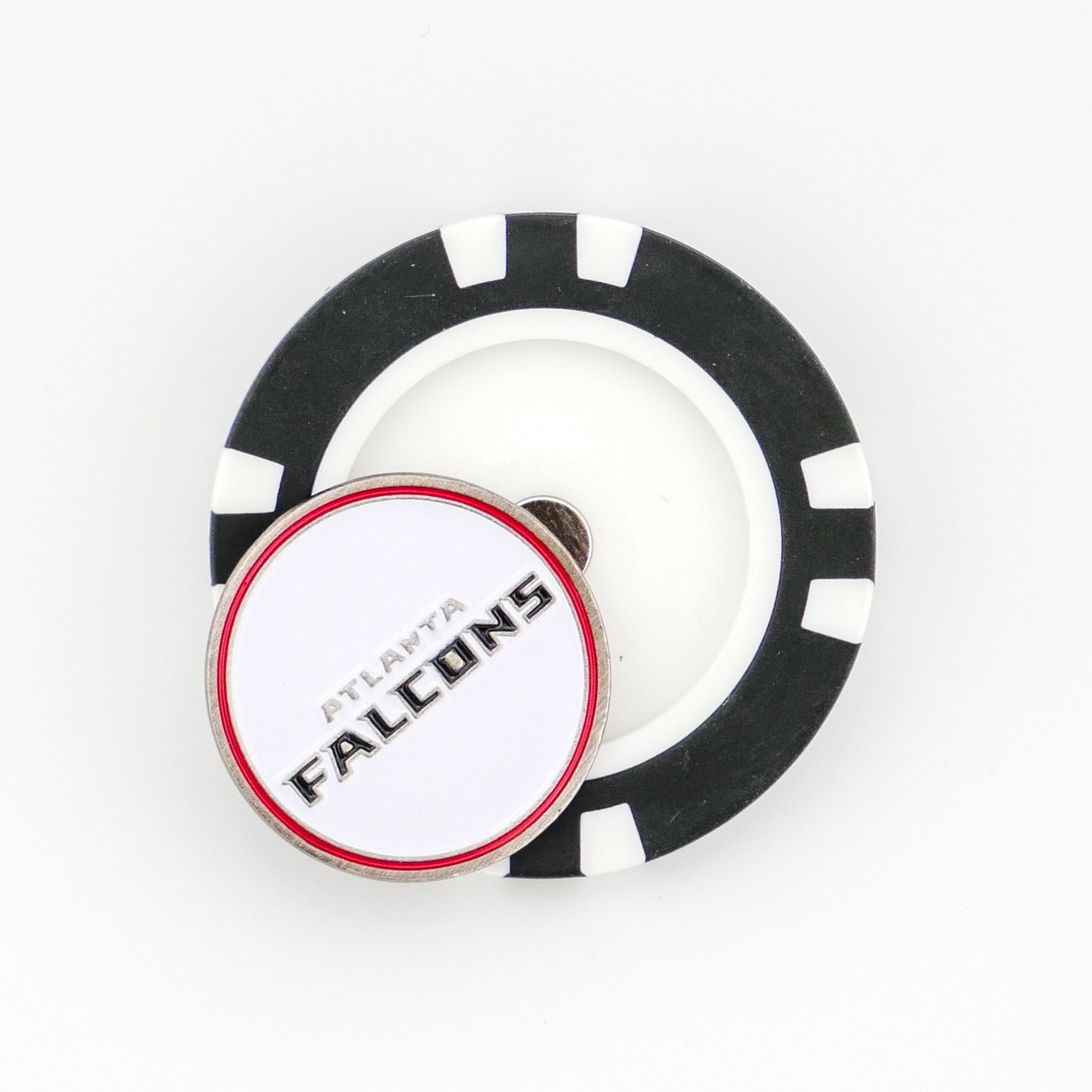 A black and white Ballmarkers.com poker chip ball marker featuring a white Atlanta Falcons NFL marker on top, with the team name in bold red-outlined letters.