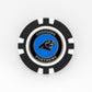 A black and white golf poker chip marker by Ballmarkers.com featuring the Carolina Panthers logo—a growling panther head on blue—with "Carolina Panthers" surrounding it. Ideal NFL ball marker or addition to your Logie Joe's collection.