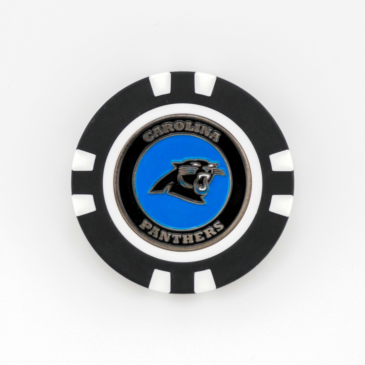 A black and white golf poker chip marker by Ballmarkers.com featuring the Carolina Panthers logo—a growling panther head on blue—with "Carolina Panthers" surrounding it. Ideal NFL ball marker or addition to your Logie Joe's collection.