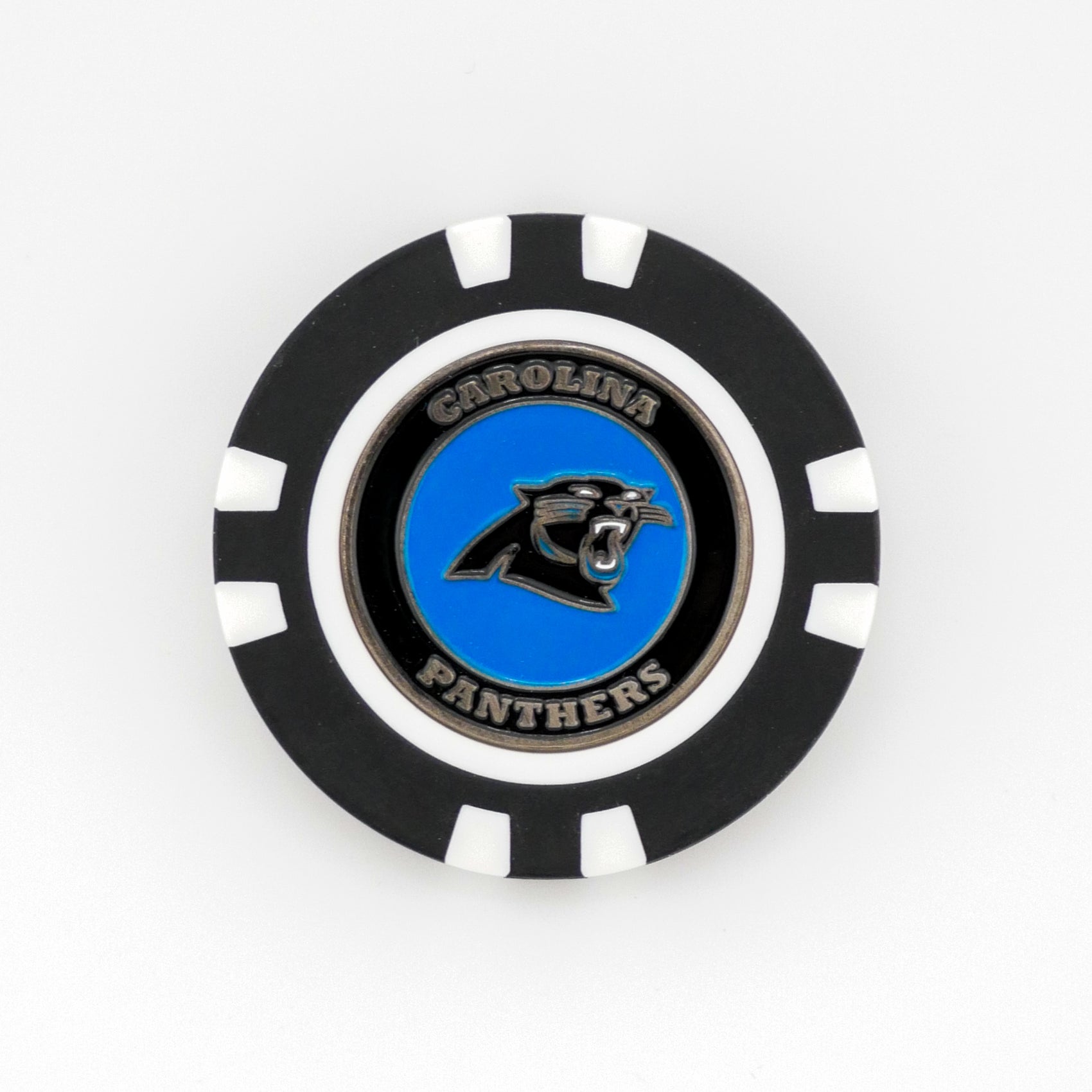 A black and white golf poker chip marker by Ballmarkers.com featuring the Carolina Panthers logo—a growling panther head on blue—with "Carolina Panthers" surrounding it. Ideal NFL ball marker or addition to your Logie Joe's collection.