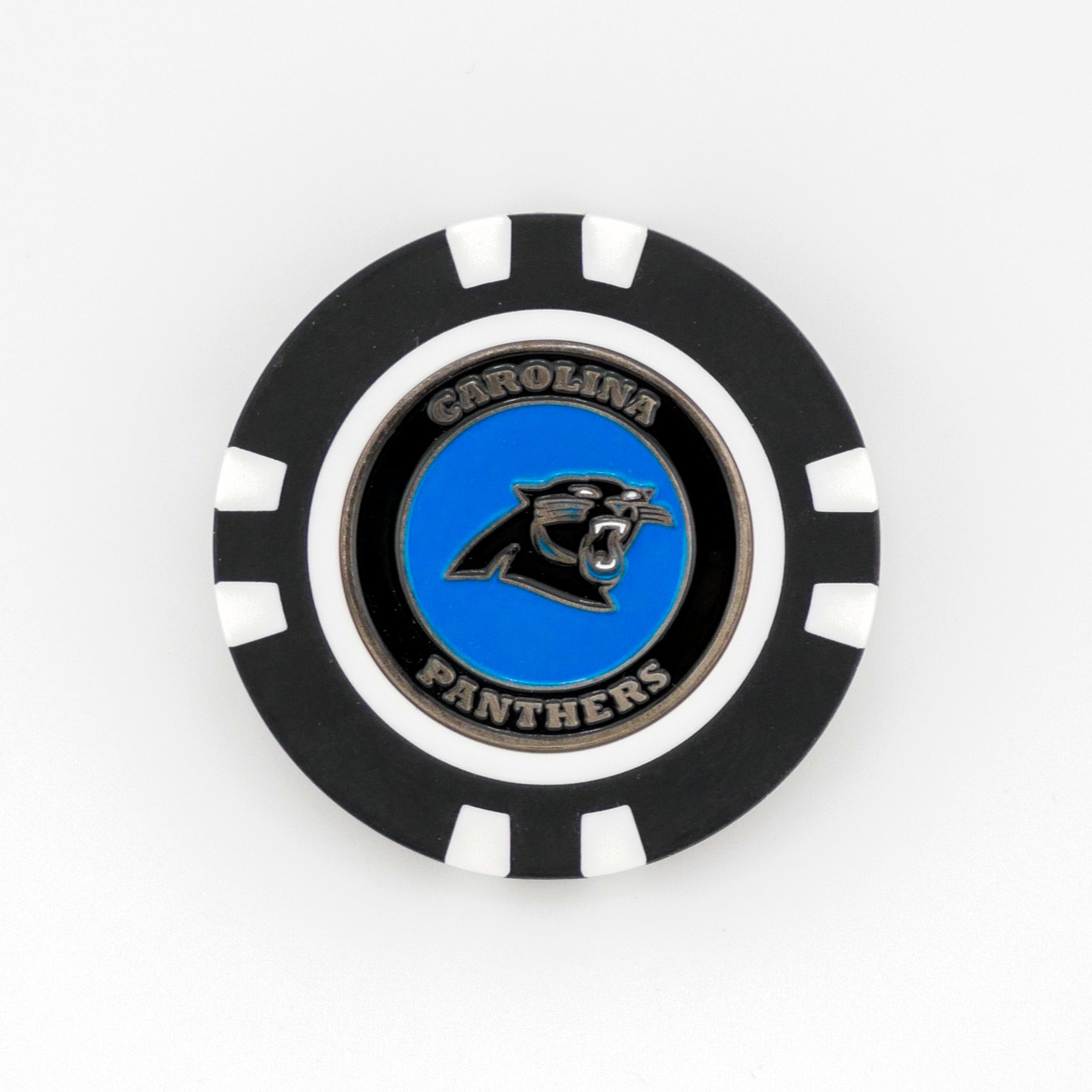 A black and white golf poker chip marker by Ballmarkers.com featuring the Carolina Panthers logo—a growling panther head on blue—with "Carolina Panthers" surrounding it. Ideal NFL ball marker or addition to your Logie Joe's collection.