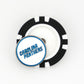A black and white golf poker chip marker with a round pin on top reading "Carolina Panthers" in blue caps on white—a perfect NFL ball marker for fans, from Ballmarkers.com, ideal for Logie Joe's ballmarkers collection.