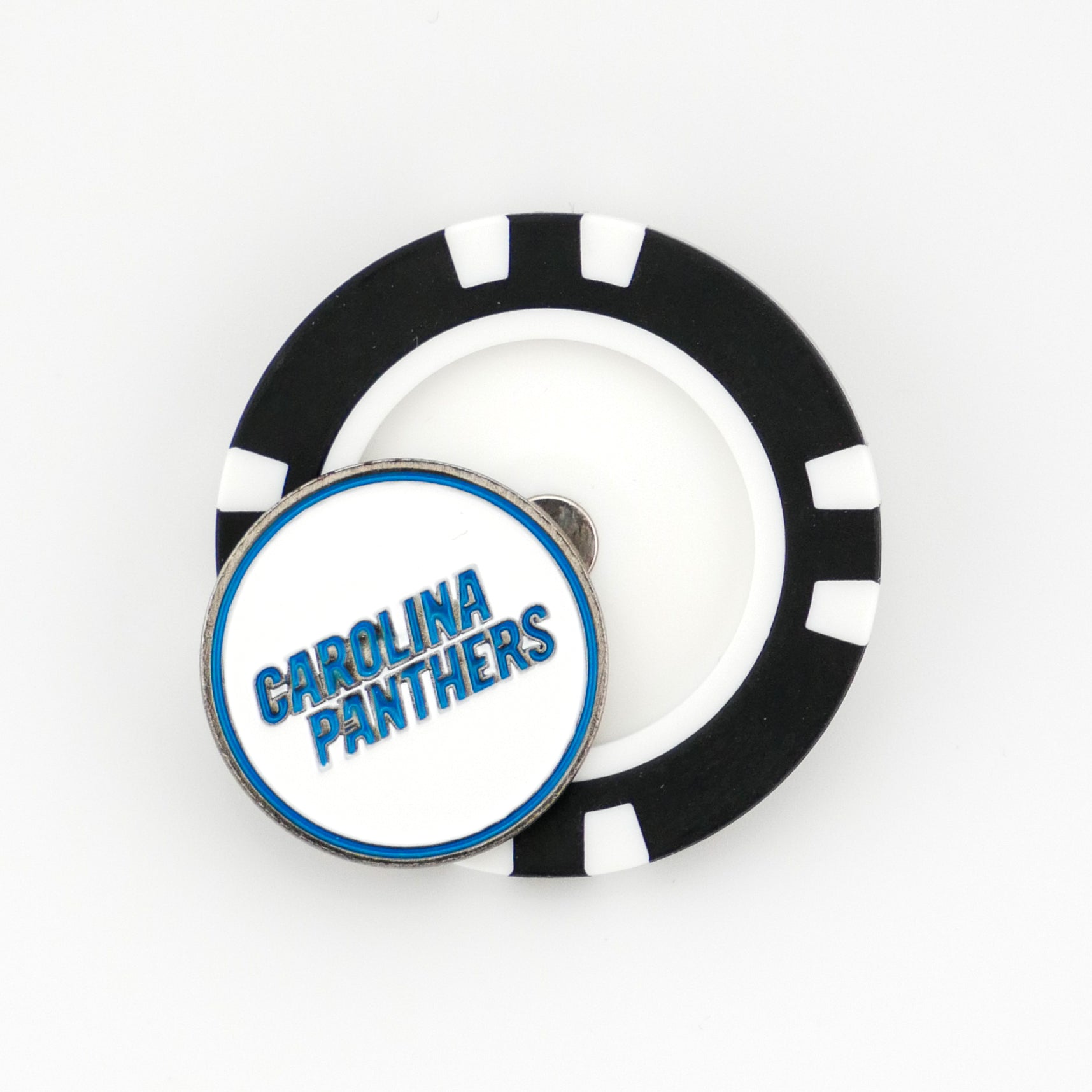 A black and white golf poker chip marker with a round pin on top reading "Carolina Panthers" in blue caps on white—a perfect NFL ball marker for fans, from Ballmarkers.com, ideal for Logie Joe's ballmarkers collection.