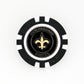 The Ballmarkers.com New Orleans Saints golf poker chip marker displays the team’s gold fleur-de-lis logo at the center, with "NEW ORLEANS SAINTS" in silver lettering—an ideal NFL ball marker and a great golf gift.