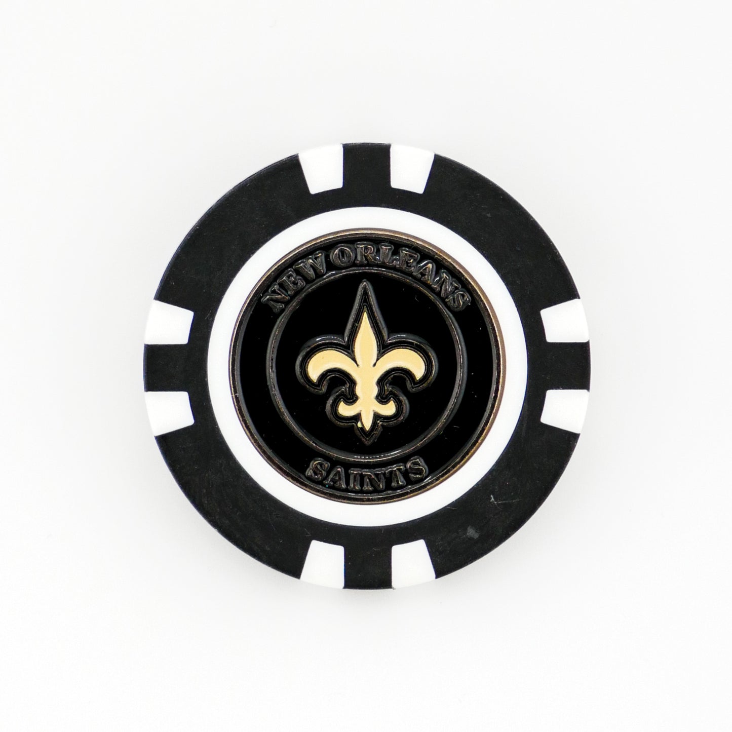 The Ballmarkers.com New Orleans Saints golf poker chip marker displays the team’s gold fleur-de-lis logo at the center, with "NEW ORLEANS SAINTS" in silver lettering—an ideal NFL ball marker and a great golf gift.