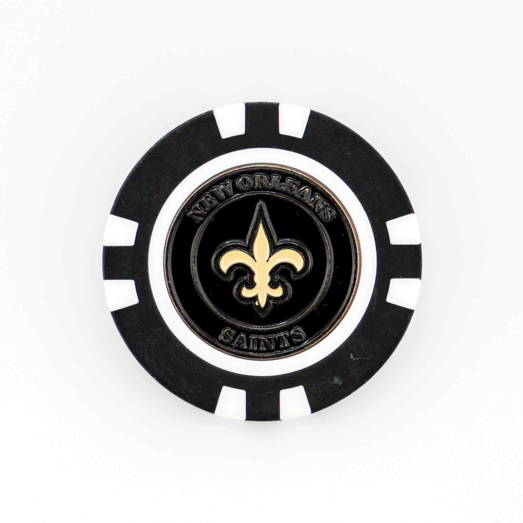 The Ballmarkers.com New Orleans Saints golf poker chip marker displays the team’s gold fleur-de-lis logo at the center, with "NEW ORLEANS SAINTS" in silver lettering—an ideal NFL ball marker and a great golf gift.