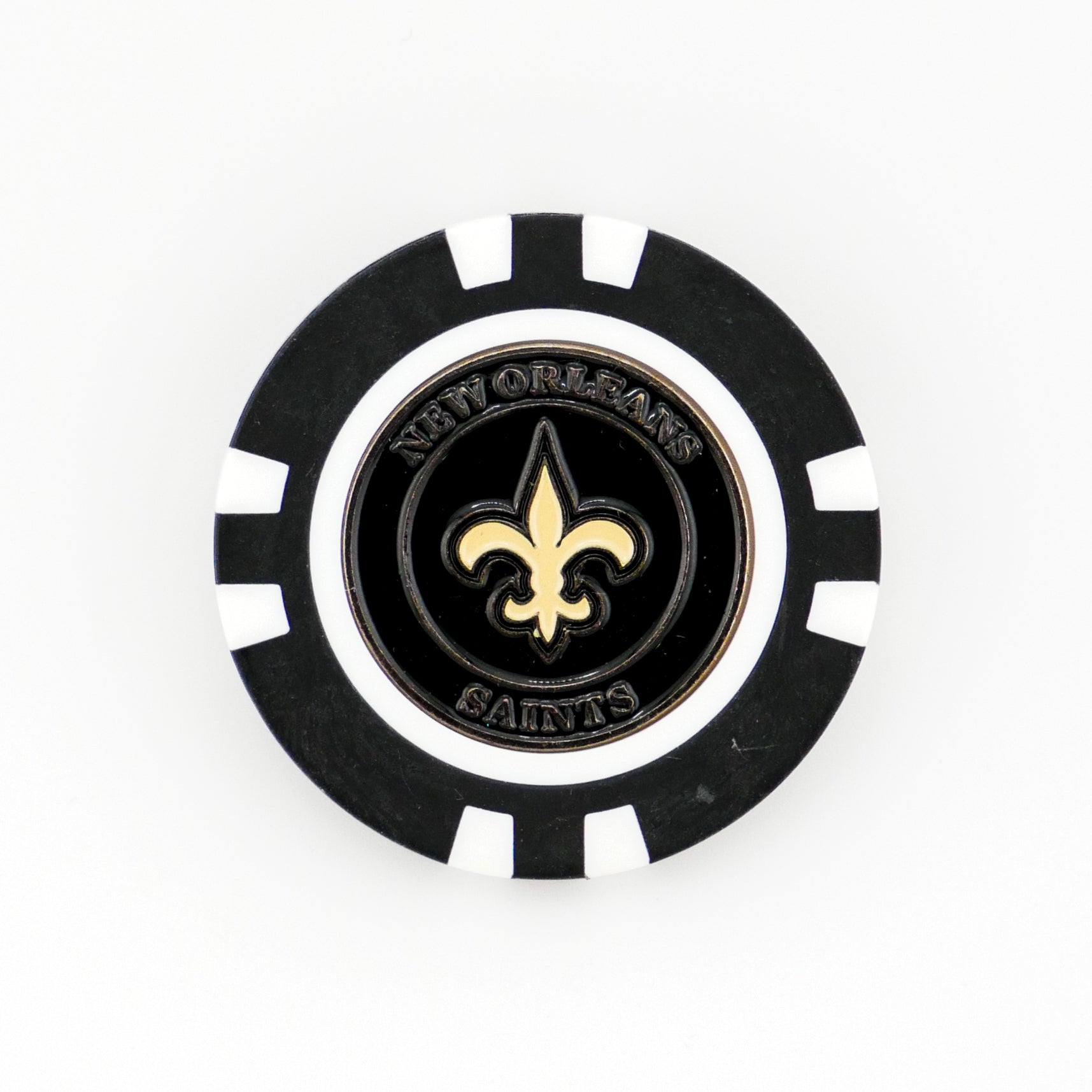 The Ballmarkers.com New Orleans Saints golf poker chip marker displays the team’s gold fleur-de-lis logo at the center, with "NEW ORLEANS SAINTS" in silver lettering—an ideal NFL ball marker and a great golf gift.