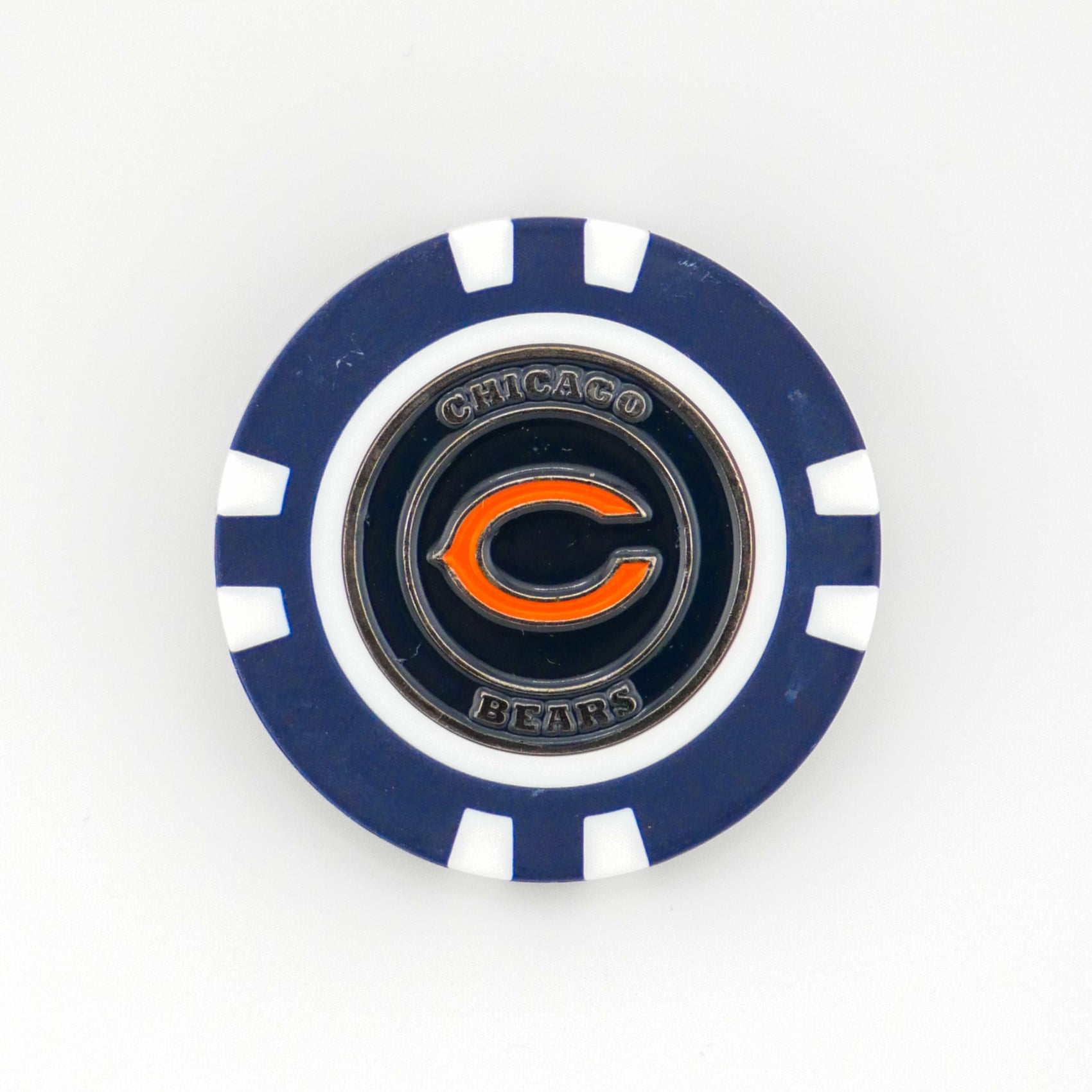 Show off your team pride with the Ballmarkers.com Chicago Bears poker chip ball marker, featuring a blue and white design, bold orange C logo, and "Chicago Bears" text—an essential NFL golf accessory for any fan’s collection.