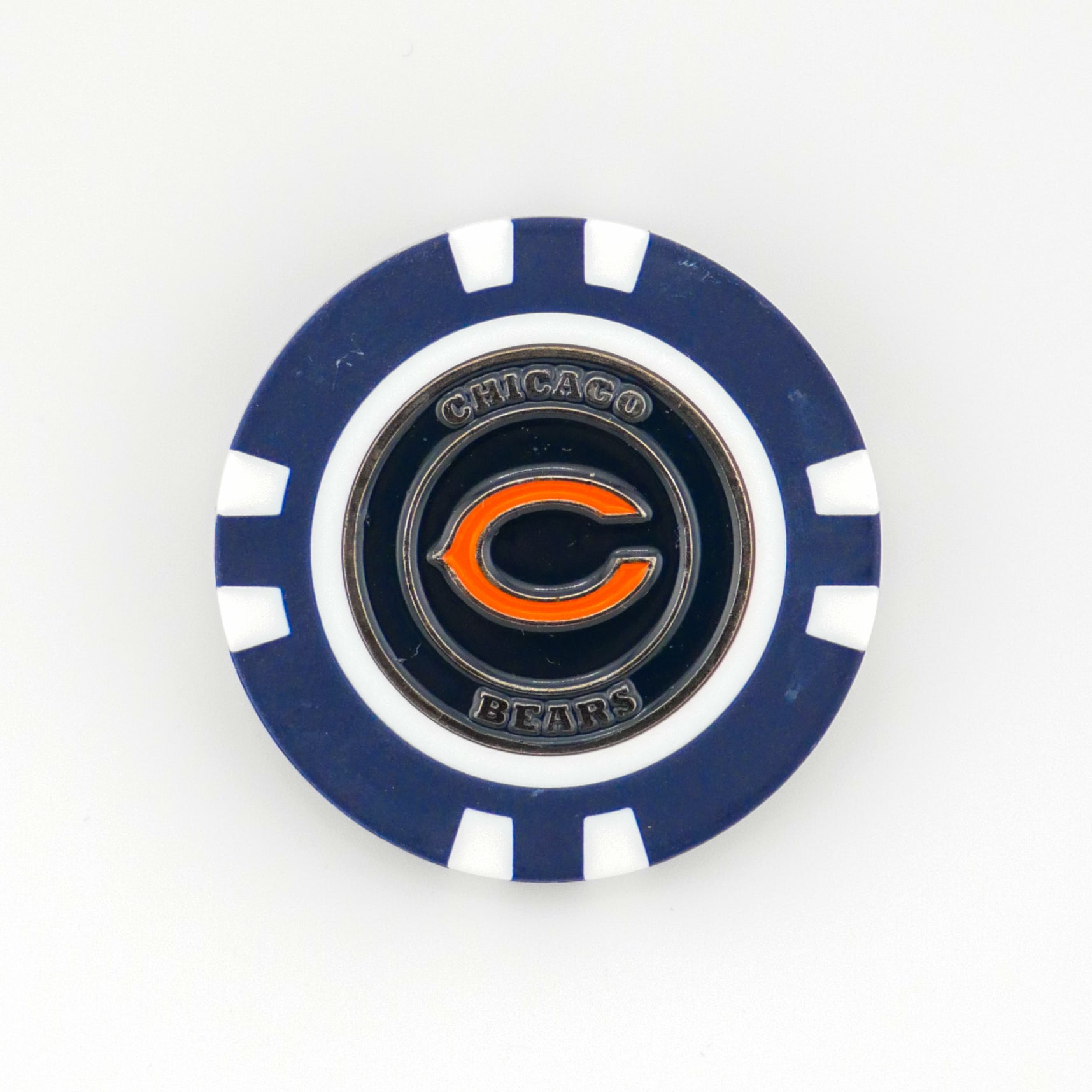 Show off your team pride with the Ballmarkers.com Chicago Bears poker chip ball marker, featuring a blue and white design, bold orange C logo, and "Chicago Bears" text—an essential NFL golf accessory for any fan’s collection.