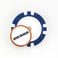 A blue and white poker chip ball marker lies flat with a round, orange-bordered Chicago Bears NFL marker by Ballmarkers.com resting on top.