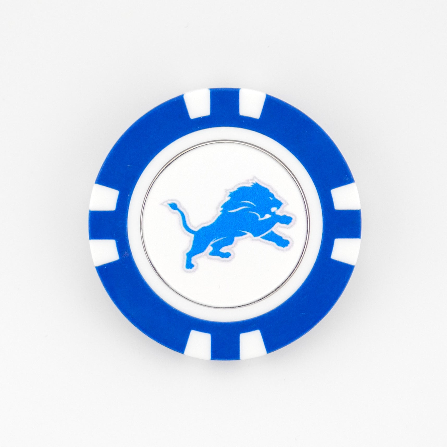 The Ballmarkers.com Detroit Lions golf ball marker features a blue and white poker chip design with the team's iconic blue lion logo on a white center.