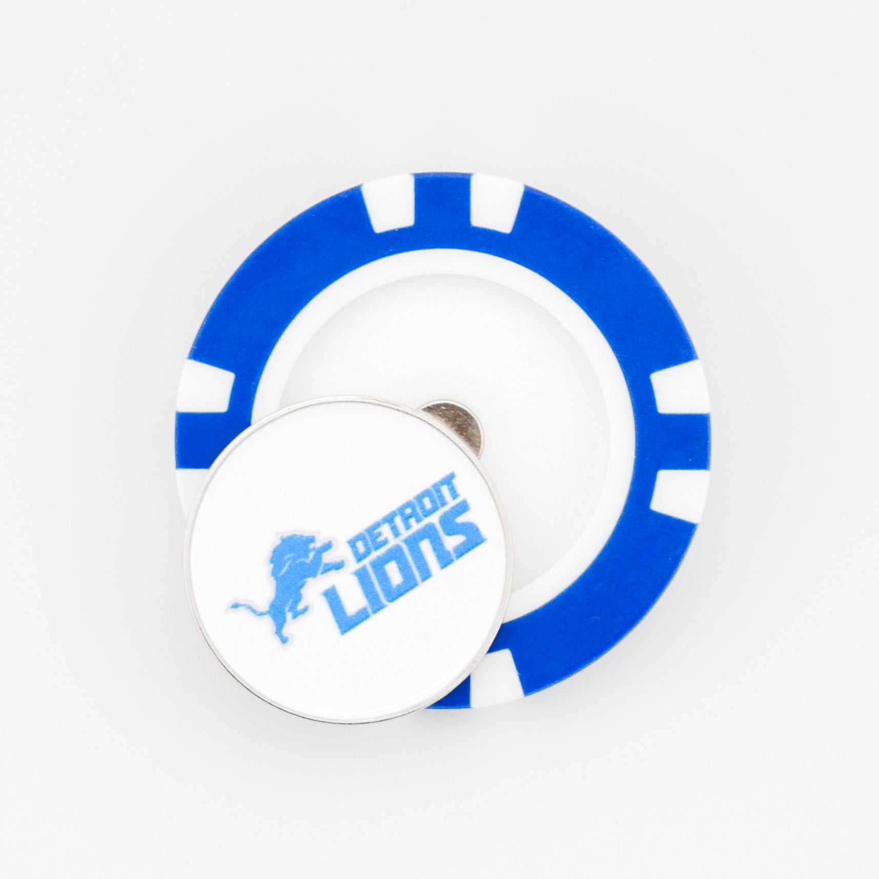 A blue and white poker chip marker from Ballmarkers.com with a round, white Detroit Lions NFL ball marker on top featuring the team logo and blue text.