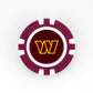 The Ballmarkers.com Washington Commanders marker is maroon with white accents, featuring a yellow geometric "W" logo in the center, all set against a white background.
