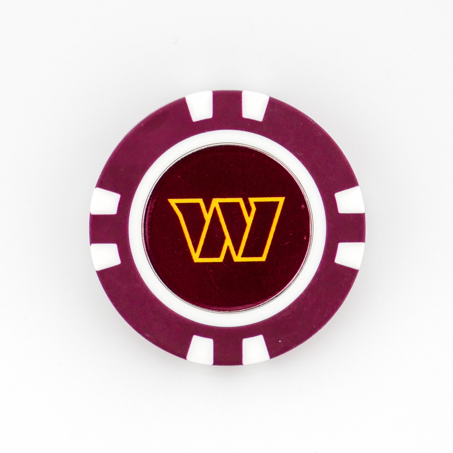 The Ballmarkers.com Washington Commanders marker is maroon with white accents, featuring a yellow geometric "W" logo in the center, all set against a white background.