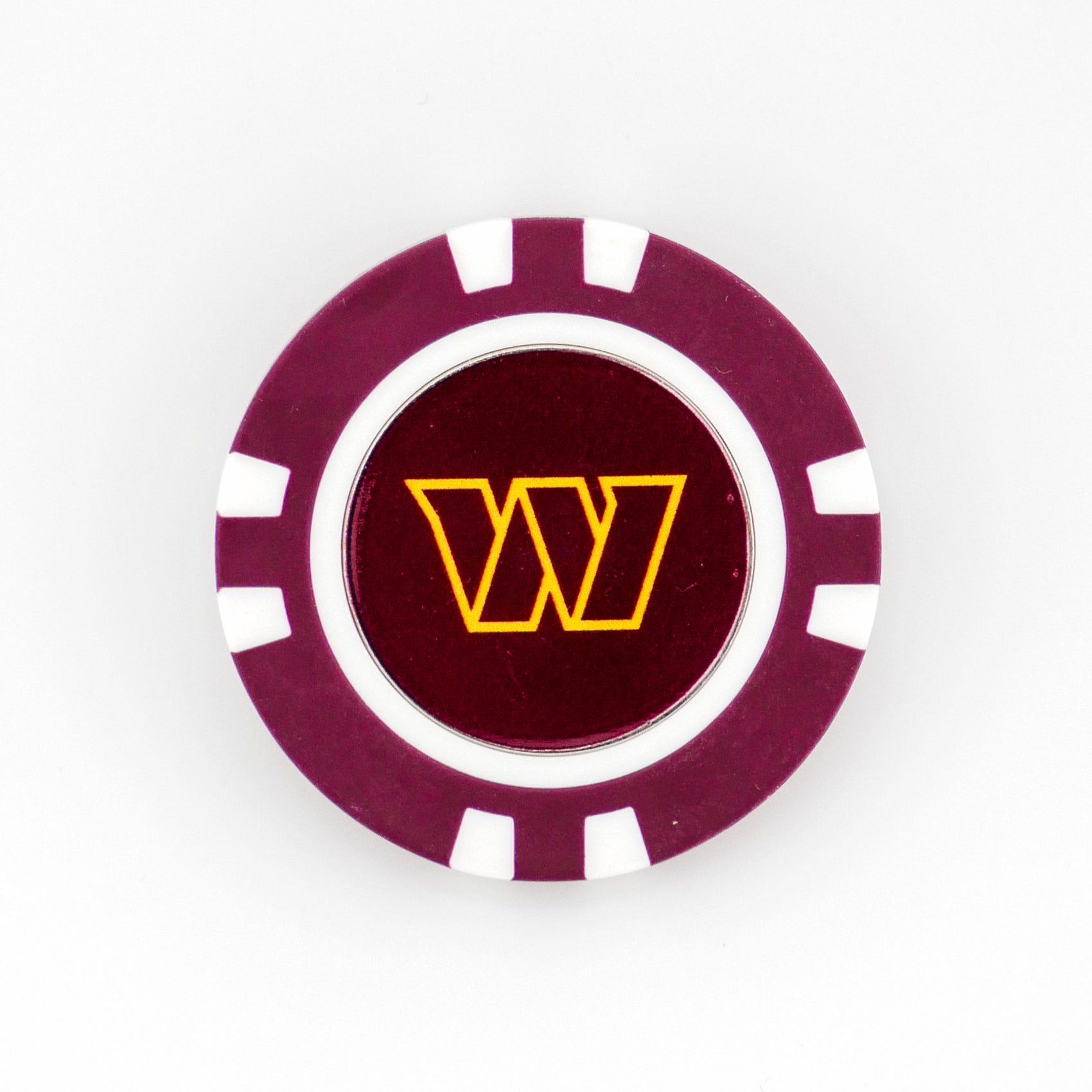The Ballmarkers.com Washington Commanders marker is maroon with white accents, featuring a yellow geometric "W" logo in the center, all set against a white background.