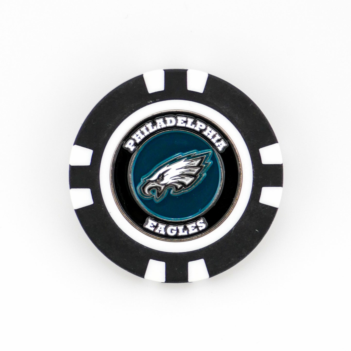 Show your team pride on the green with this black and white Ballmarkers.com golf marker featuring the Philadelphia Eagles logo and "Philadelphia Eagles" text. Ideal NFL accessory for fans.