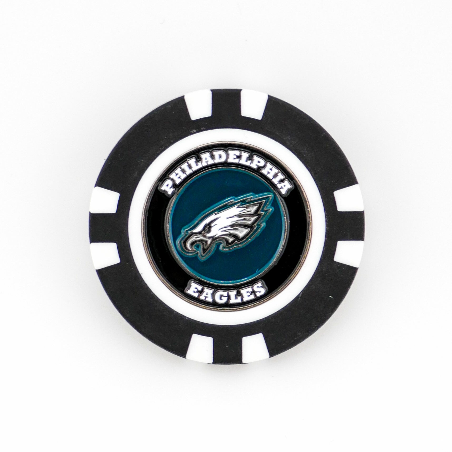 Show your team pride on the green with this black and white Ballmarkers.com golf marker featuring the Philadelphia Eagles logo and "Philadelphia Eagles" text. Ideal NFL accessory for fans.