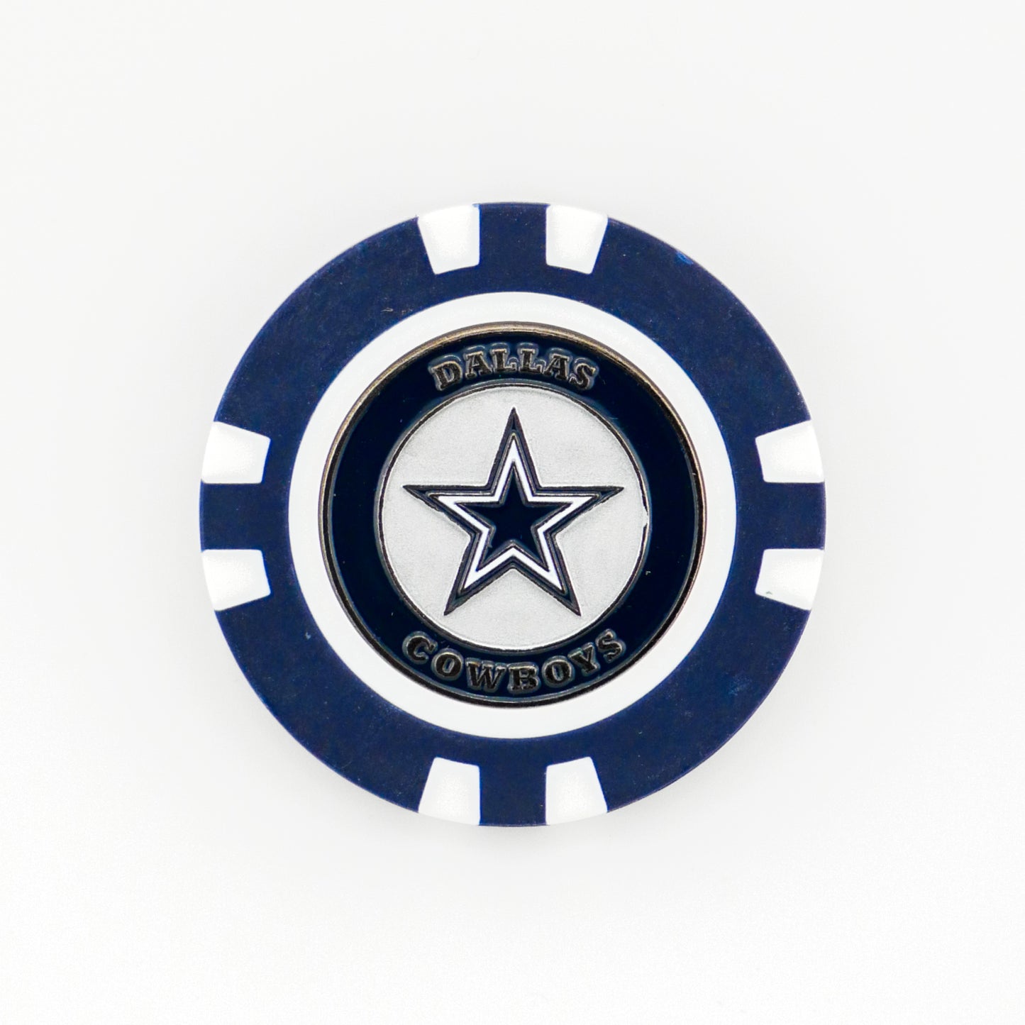 The Dallas Cowboys ball marker by Ballmarkers.com features a blue and white design with the team’s star logo at the center and "Dallas Cowboys" around it—a great NFL golf accessory for fans.