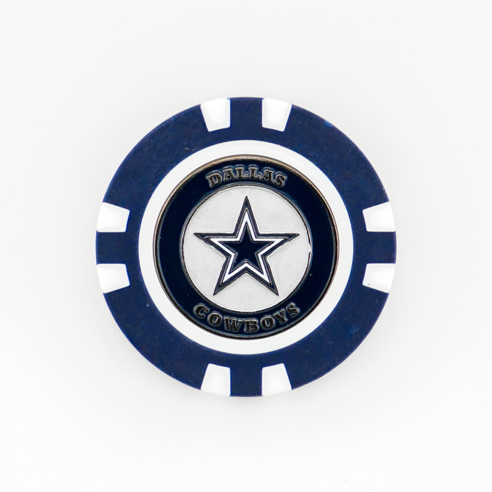 The Dallas Cowboys ball marker by Ballmarkers.com features a blue and white design with the team’s star logo at the center and "Dallas Cowboys" around it—a great NFL golf accessory for fans.