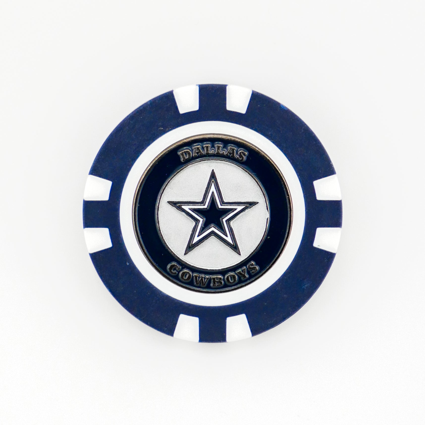 The Dallas Cowboys ball marker by Ballmarkers.com features a blue and white design with the team’s star logo at the center and "Dallas Cowboys" around it—a great NFL golf accessory for fans.