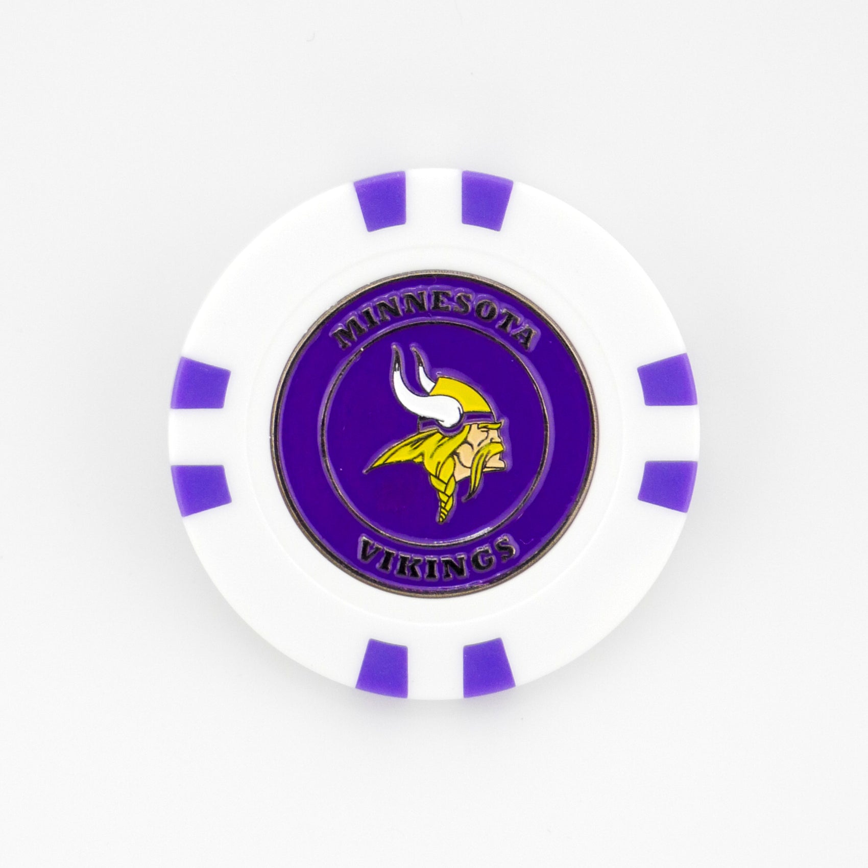 A white poker chip ball marker by Ballmarkers.com features the Minnesota Vikings logo—a yellow Viking head with horned helmet—on a purple background, plus official text and purple accents.