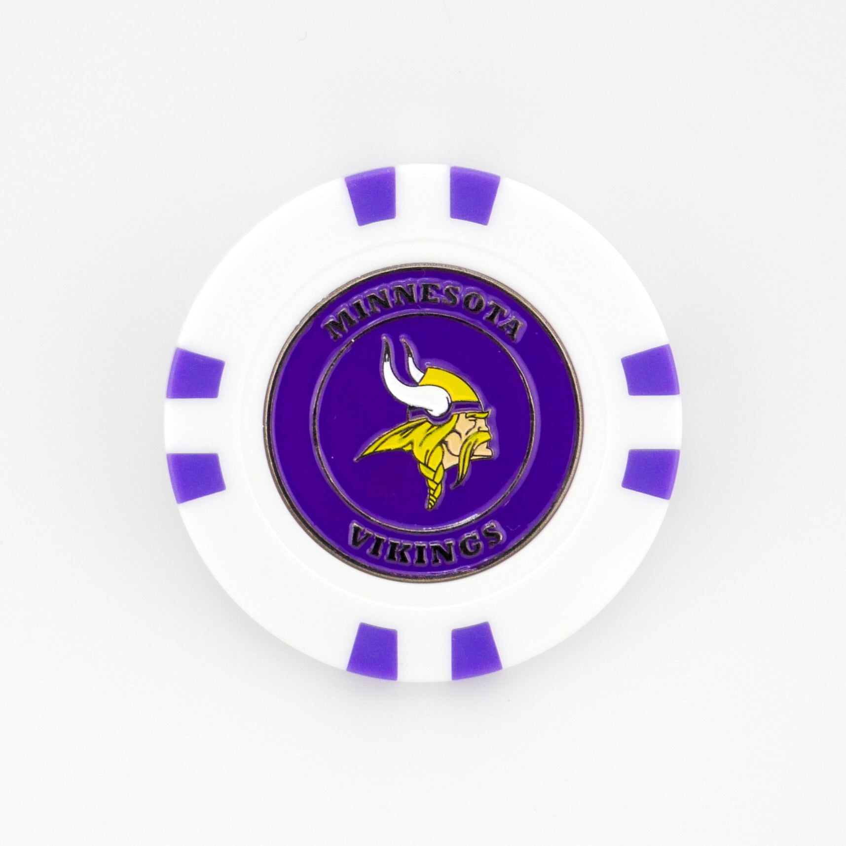 A white poker chip ball marker by Ballmarkers.com features the Minnesota Vikings logo—a yellow Viking head with horned helmet—on a purple background, plus official text and purple accents.