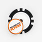The Philadelphia Flyers NHL ball marker by Ballmarkers from Logie Joe’s features a black and white poker chip design with a circular badge on top showing the team logo and text—perfect for golf enthusiasts.