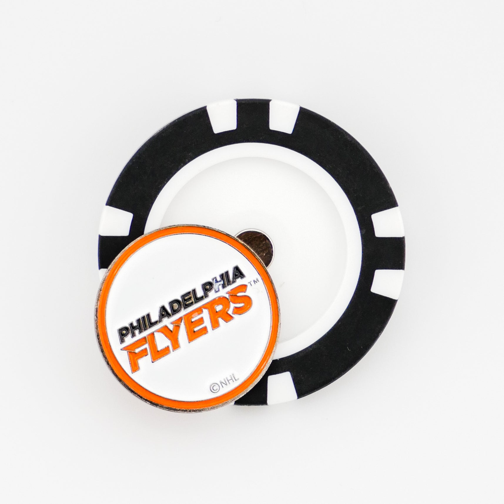 The Philadelphia Flyers NHL ball marker by Ballmarkers from Logie Joe’s features a black and white poker chip design with a circular badge on top showing the team logo and text—perfect for golf enthusiasts.