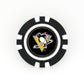 The Ballmarkers by Logie Joes Pittsburgh Penguins ball marker is a black and white poker chip-style accessory featuring the teams skating penguin logo inside a gold triangle.