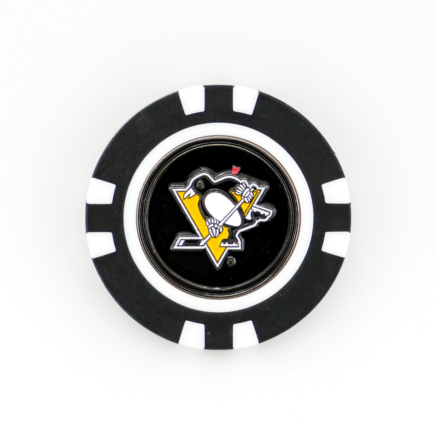 The Ballmarkers by Logie Joes Pittsburgh Penguins ball marker is a black and white poker chip-style accessory featuring the teams skating penguin logo inside a gold triangle.