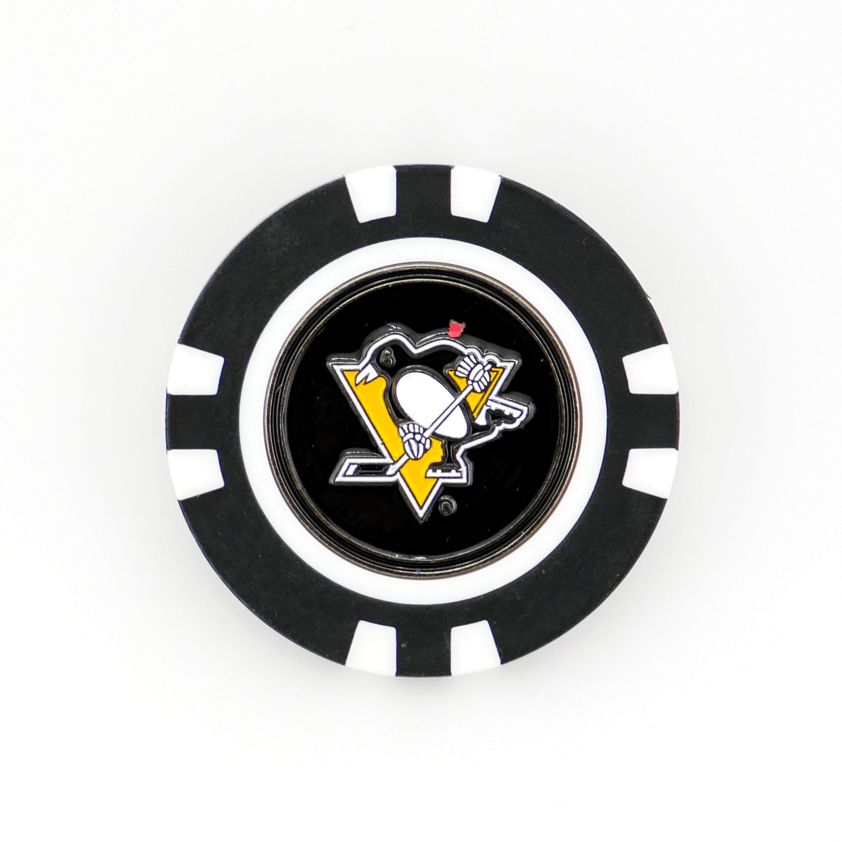 The Ballmarkers by Logie Joes Pittsburgh Penguins ball marker is a black and white poker chip-style accessory featuring the teams skating penguin logo inside a gold triangle.