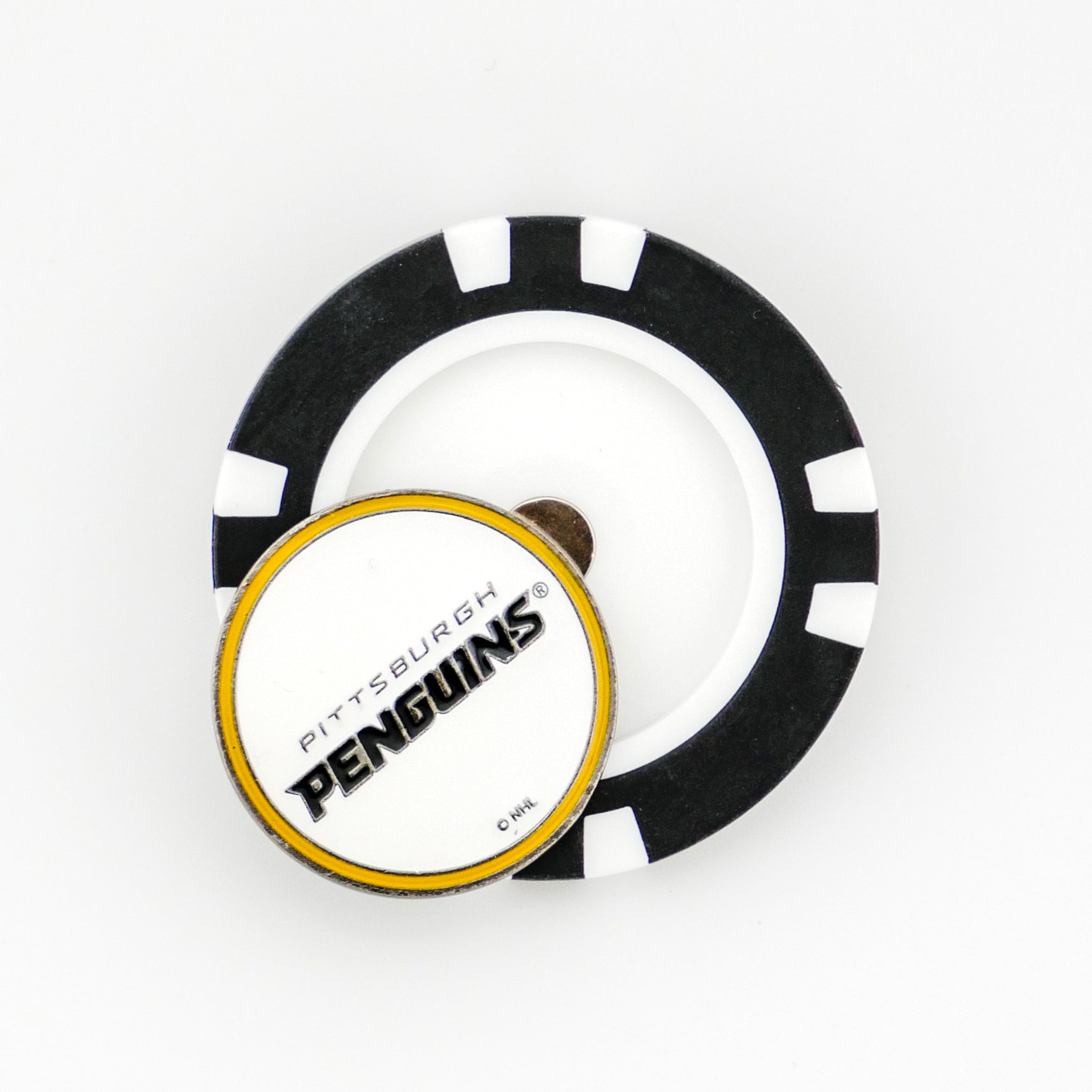 A black and white poker chip-style marker with a smaller round Pittsburgh Penguins ball marker puck by Ballmarkers from Logie Joes, shown against a white background.